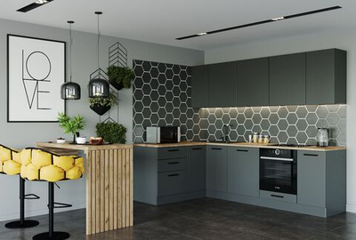 Кухонный гарнитур угловой Антрацит (графит) 2600 1600 мм столешница 26 мм, ЛДСП, просторная угловая кухня для гостиной, студии и большой семьи