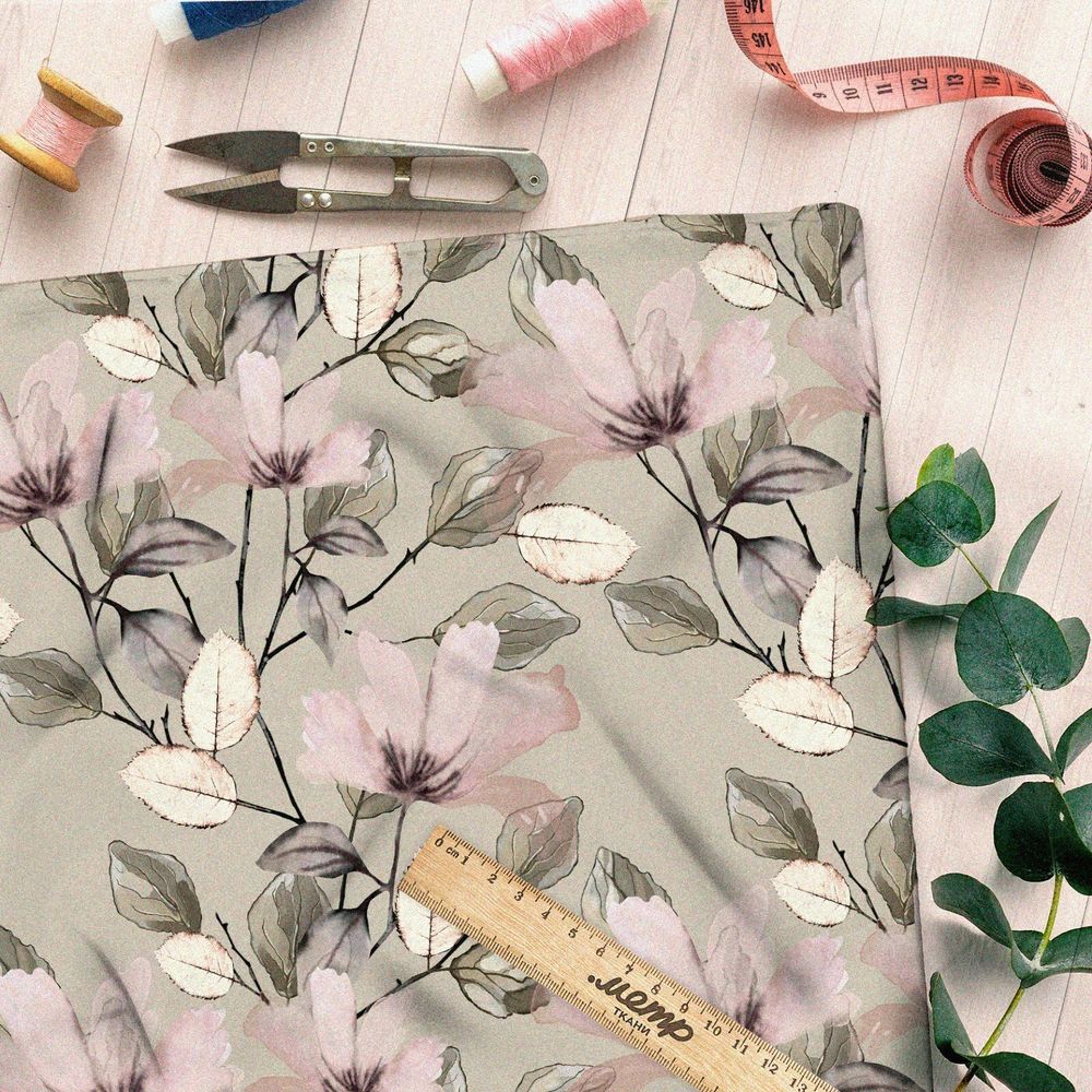 Ткань таффета светлые цветы с листьями