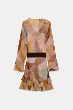 ZARA МИНИ-ПЛАТЬЕ С ПРИНТОМ ПЭЧВОРК И РЕМНЕМ, РАЗНОЦВЕТНЫЙ