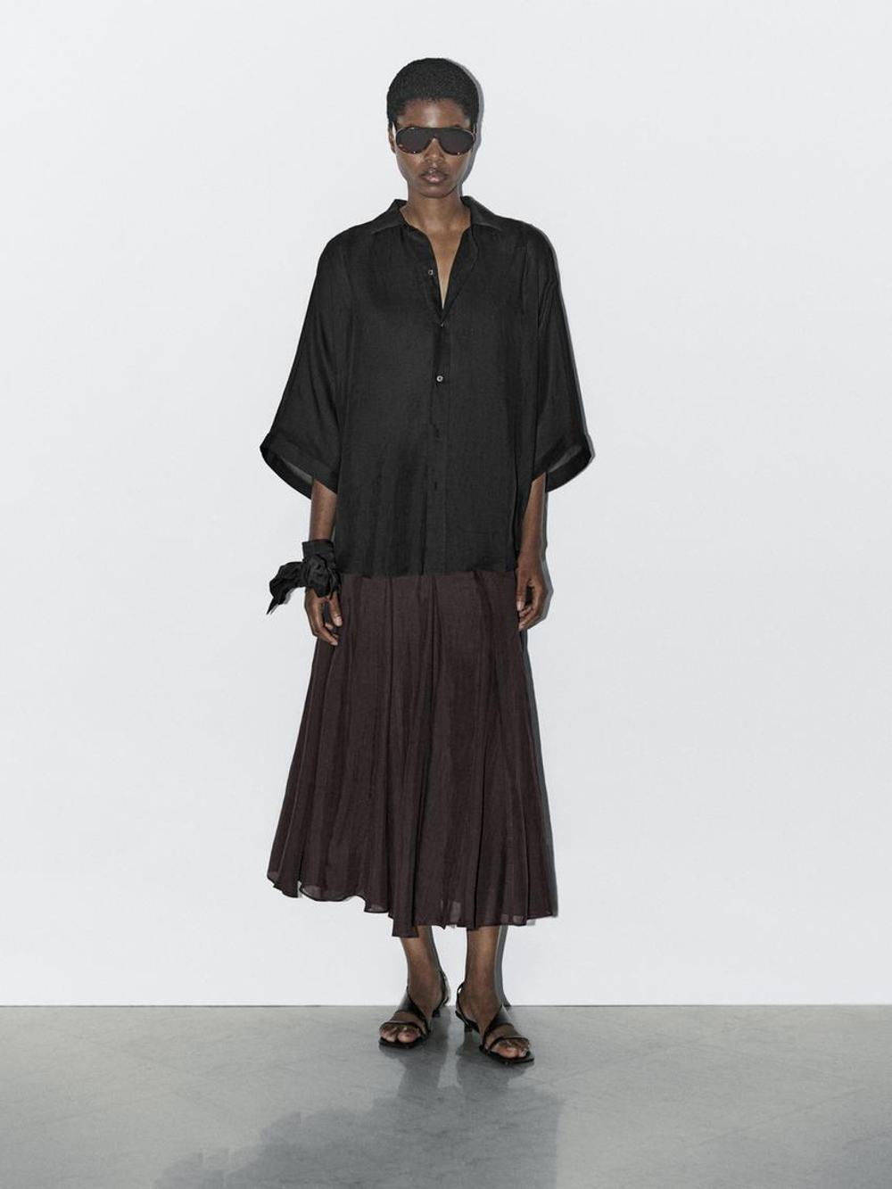 Massimo Dutti Рубашка из 100% ткани рами с рукавами «летучая мышь» - Studio, черный