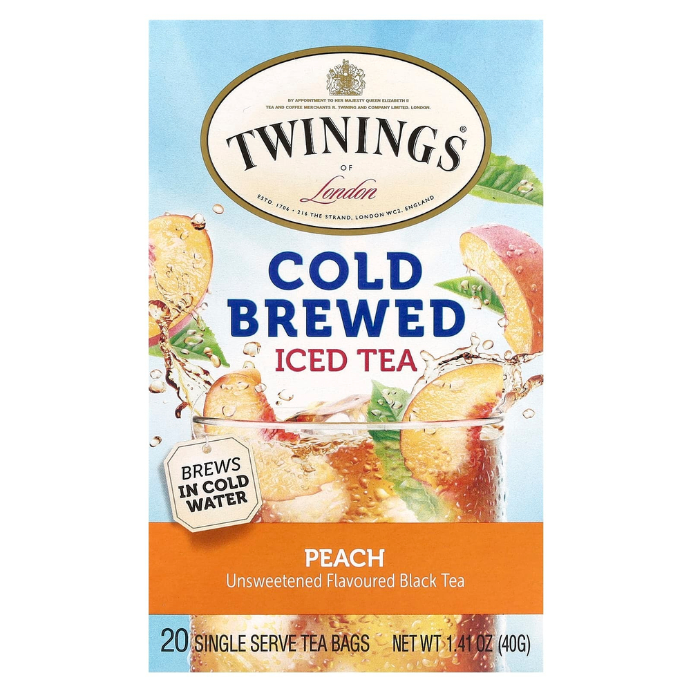 Twinings, холодный чай, черный чай, без подсластителей, персик, 20 порционных чайных пакетиков, 40 г (1,41 унции)