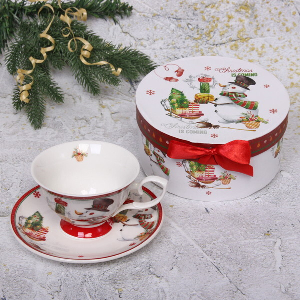 Чайная пара (кружка 220мл+ блюдце) «Снеговик» в подарочной коробке