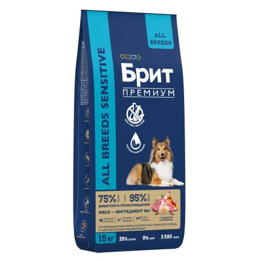 Корм для собак сухой BRIT PREMIUM, Сухой корм с ягненком и индейкой для собак всех пород "Dog Sensitive", 15кг