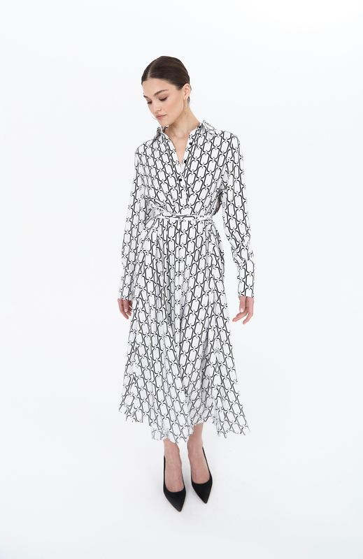 Платье-трапеция с планкой, геометричный принт, белый