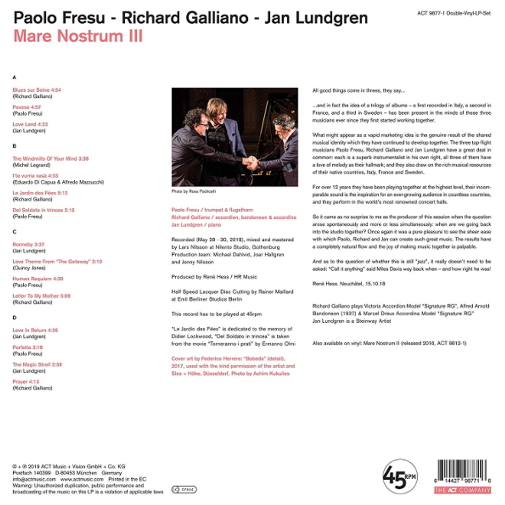 Paolo Fresu, Richard Galliano, Jan Lundgren / Mare Nostrum III (2LP)