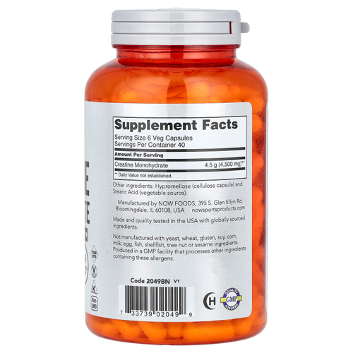 NOW Foods, Sports, моногидрат креатина, 750 мг, 240 вегетарианских капсул