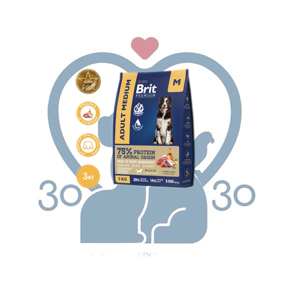BRIT Корм сухой для взрослых собак средних пород с индейкой и телятиной Dog Adult Medium, 1 кг