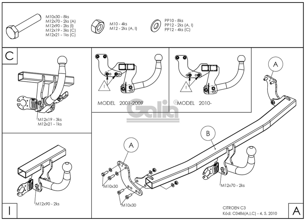 Оцинкованный фаркоп на Citroen C3 2002-2010, C3 II 2010-2016, кроме DS3 (без электрики), Galia C048A