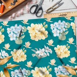 Ткань шифон пастельные полевые цветы на зелёном фоне