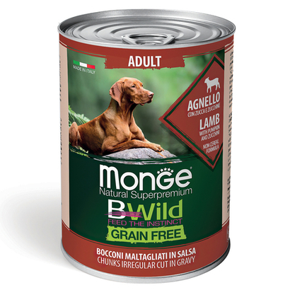 Влажный корм Monge Dog BWild GRAIN FREE для взрослых собак, беззерновой, из ягненка с тыквой и кабачками, консервы 400 г - 24 шт