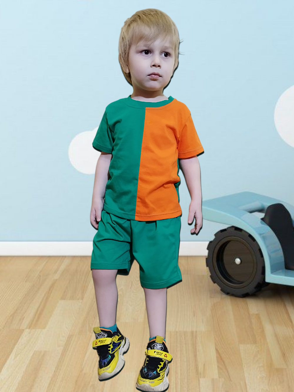 10503 Комплект детский (футболка+шорты) кулирка изумруд/оранжевый (60-110/116)