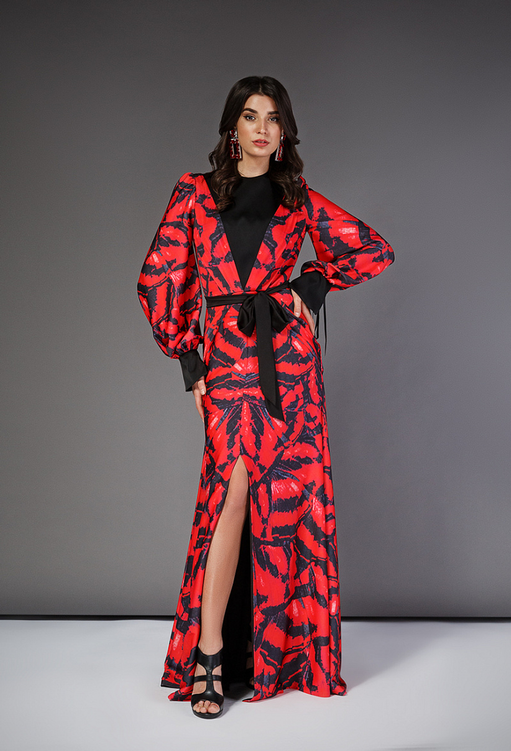 Платье в пол красное c принтом 42 -19 SS