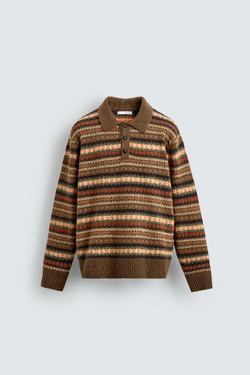 ZARA ТРИКОТАЖНОЕ ПОЛО ЖАККАРДОВОЕ ГЕОМЕТРИЧЕСКОЕ, КОРИЧНЕВЫЙ