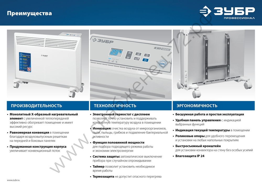 ЗУБР ПРО серия 2 кВт, электрический конвектор, Профессионал (КЭП-2000)