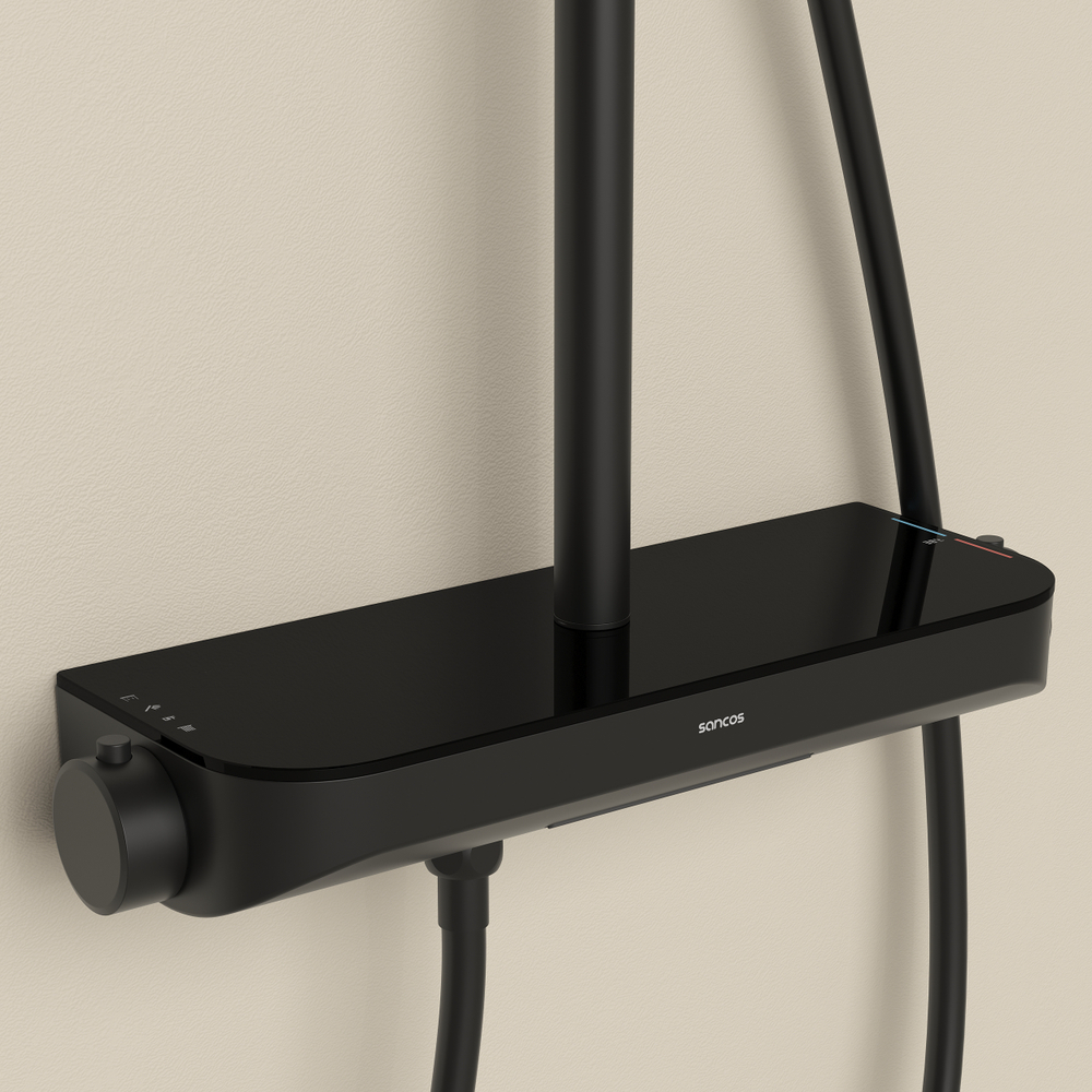 Душевая стойка Sancos Teo с термостатом, изливом и полкой, черный матовый, SC11002MB