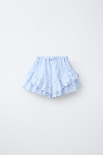 ZARA ЮБКА-ШОРТЫ С ВОЛАНАМИ И ВЫШИВКОЙ ШИФФЛИ, ГОЛУБОЙ