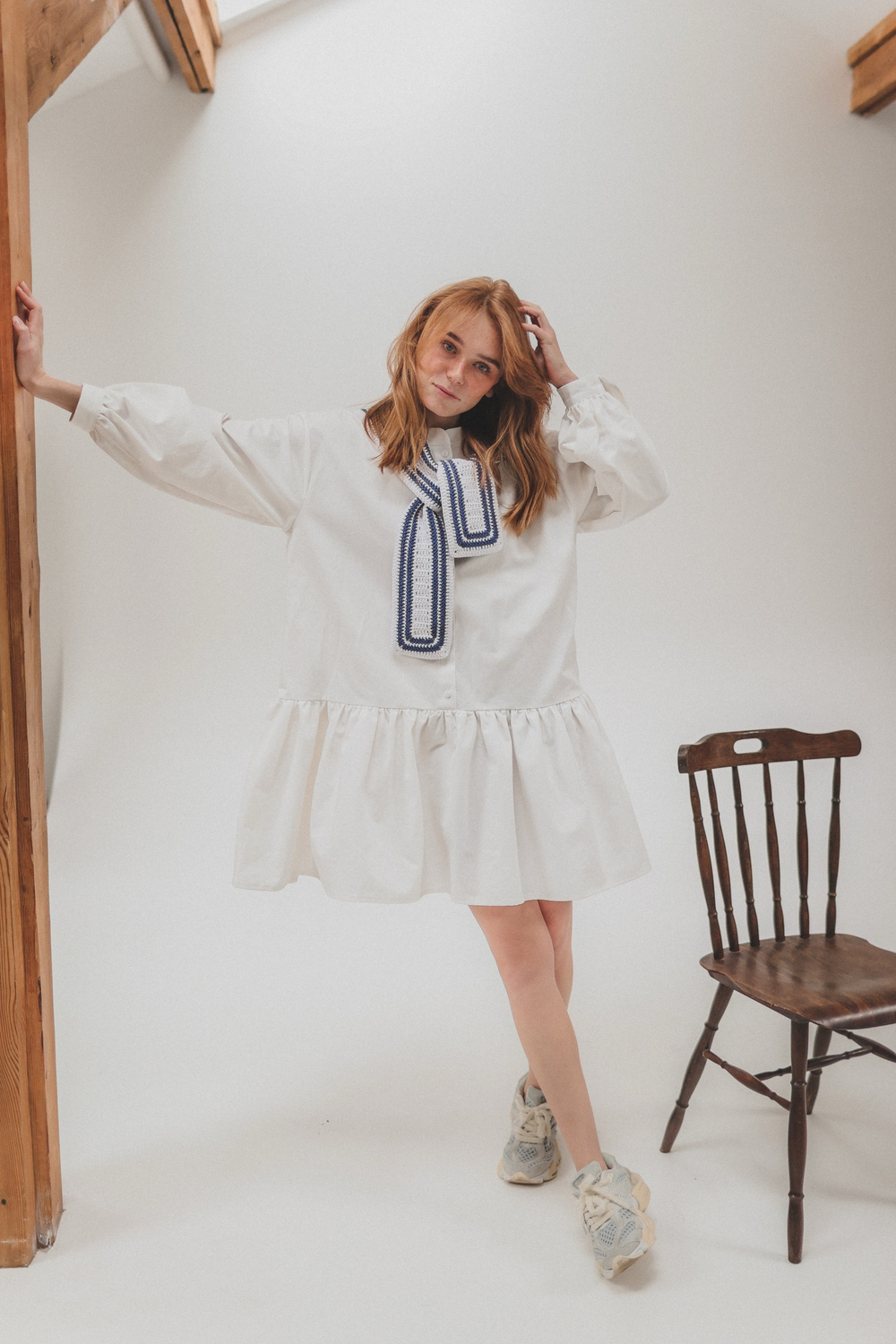 Платье с баской из джинсы Айвори