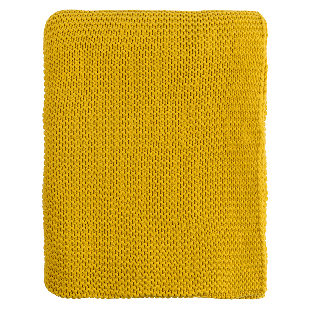Плед из хлопка жемчужной вязки горчичного цвета из коллекции essential, 130х180 см