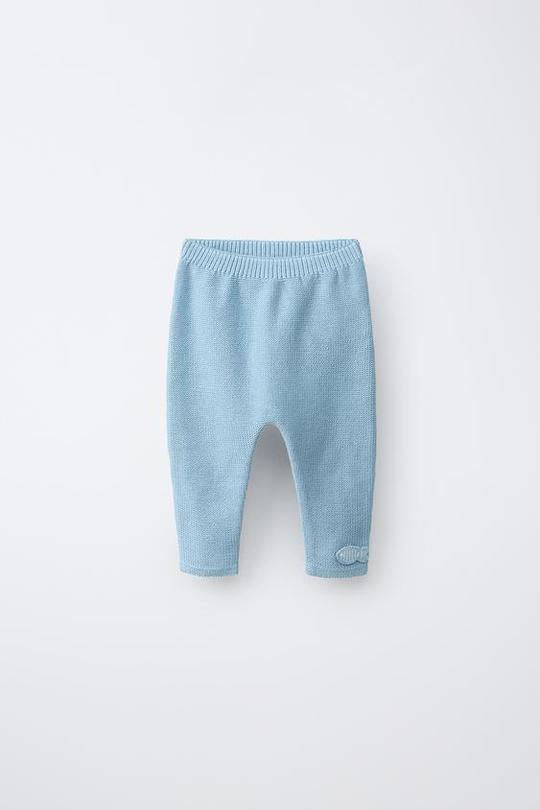 ZARA ТРИКОТАЖНЫЕ БРЮКИ С АППЛИКАЦИЕЙ РЫБЫ, СВЕТЛО-БИРЮЗОВЫЙ