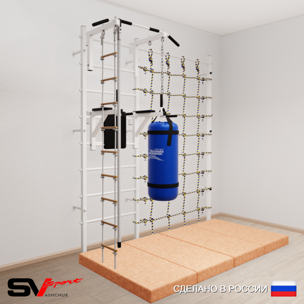 Шведская стенка Sv Sport усиленная 67560 (Турник стандарт/Брусья/Канат/Лестница/Цепь/Мешок 22кг/Мат 2м/Канатный лаз)