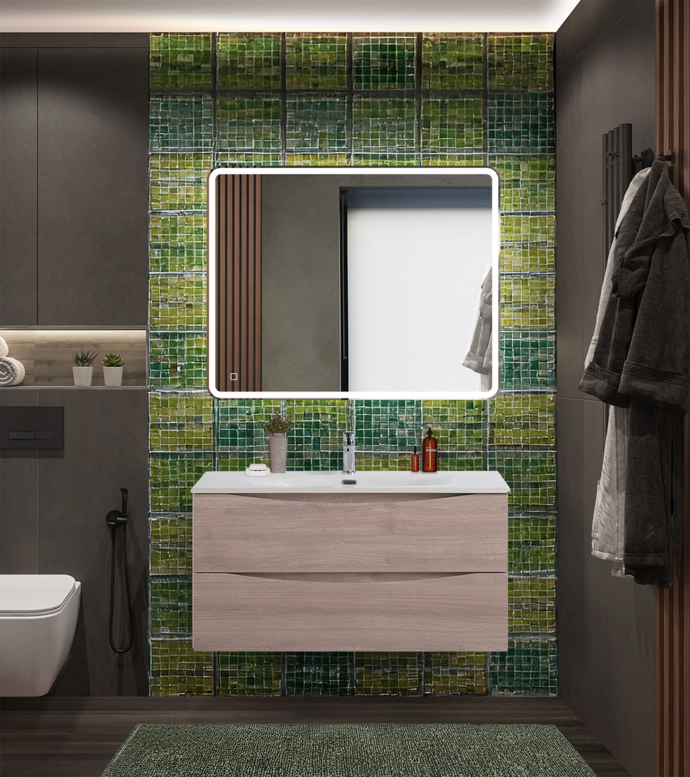 Тумба с раковиной подвесная BelBagno MARINO-CER-N-1000-2C-SO-RG-P Rovere Grigio, раковина белая BB-8099-100