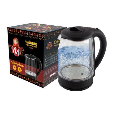Стеклянный чайник электрический Матрена MA-009, 2 л, пластик, черный