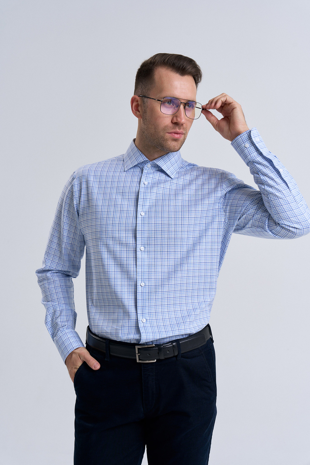 Сорочка мужская VESTER длинный рукав, голубая в клетку, хлопок/лиоцелл 55641 08