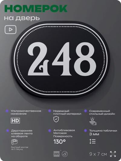 Номерок на дверь квартиры 248, для кабинета, офиса, шильдик 9 х 7 см, черный, Айдентика Технолоджи