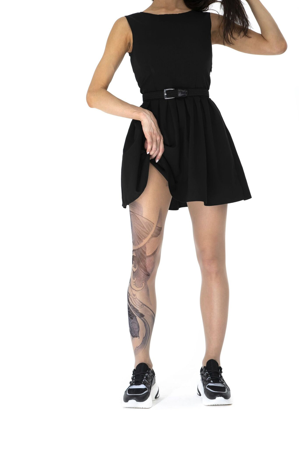 Колготки с принтом в виде черного карпа кои на правой ножке (Размер: S-M-L) (Цвет: бежевый)