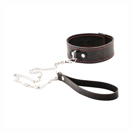 Ошейник из натуральной двухслойной кожи с красной строчкой и поводок с кожаной ручкой