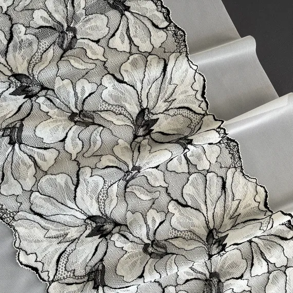 Кружево эластичное молочное/черное 21 см, Китай