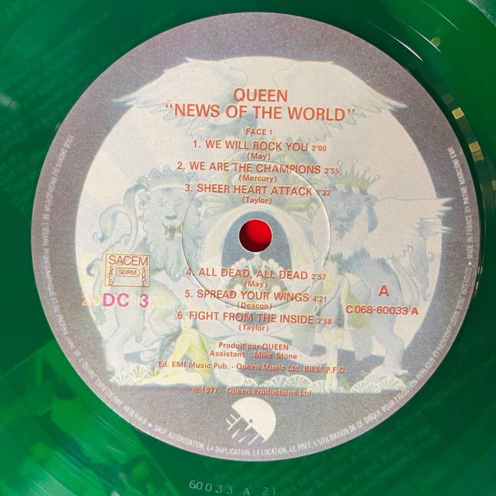 Винтажная виниловая пластинка LP Queen News Of The World (Франция 1978) (Зеленый Винил)