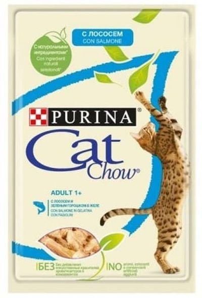 Влажный корм Cat Chow® для взрослых кошек с лососем и зеленой фасолью в желе, Пауч 85 г