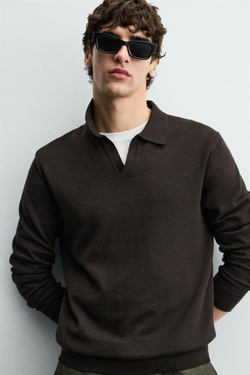 ZARA ТРИКОТАЖНОЕ ПОЛО КЛАССИЧЕСКОГО КРОЯ, ШОКОЛАДНЫЙ