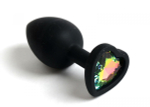 Черная анальная силиконовая пробка с радужным стразом-сердцем - 7,5 см. (Цвет: разноцветный)