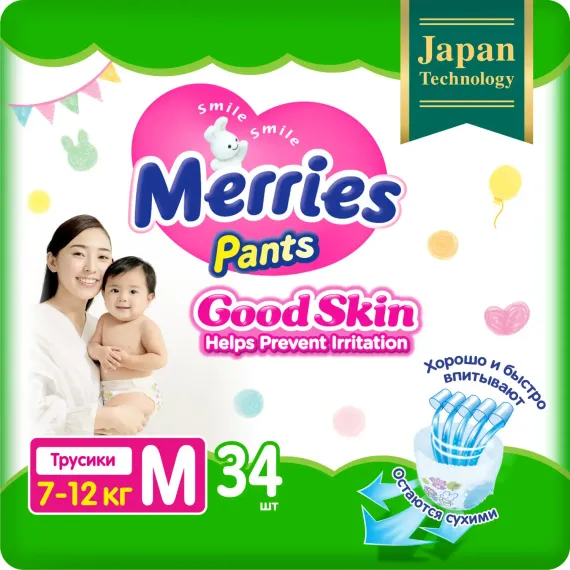 Трусики Merries Good Skin M (4-11 кг) 34 шт.