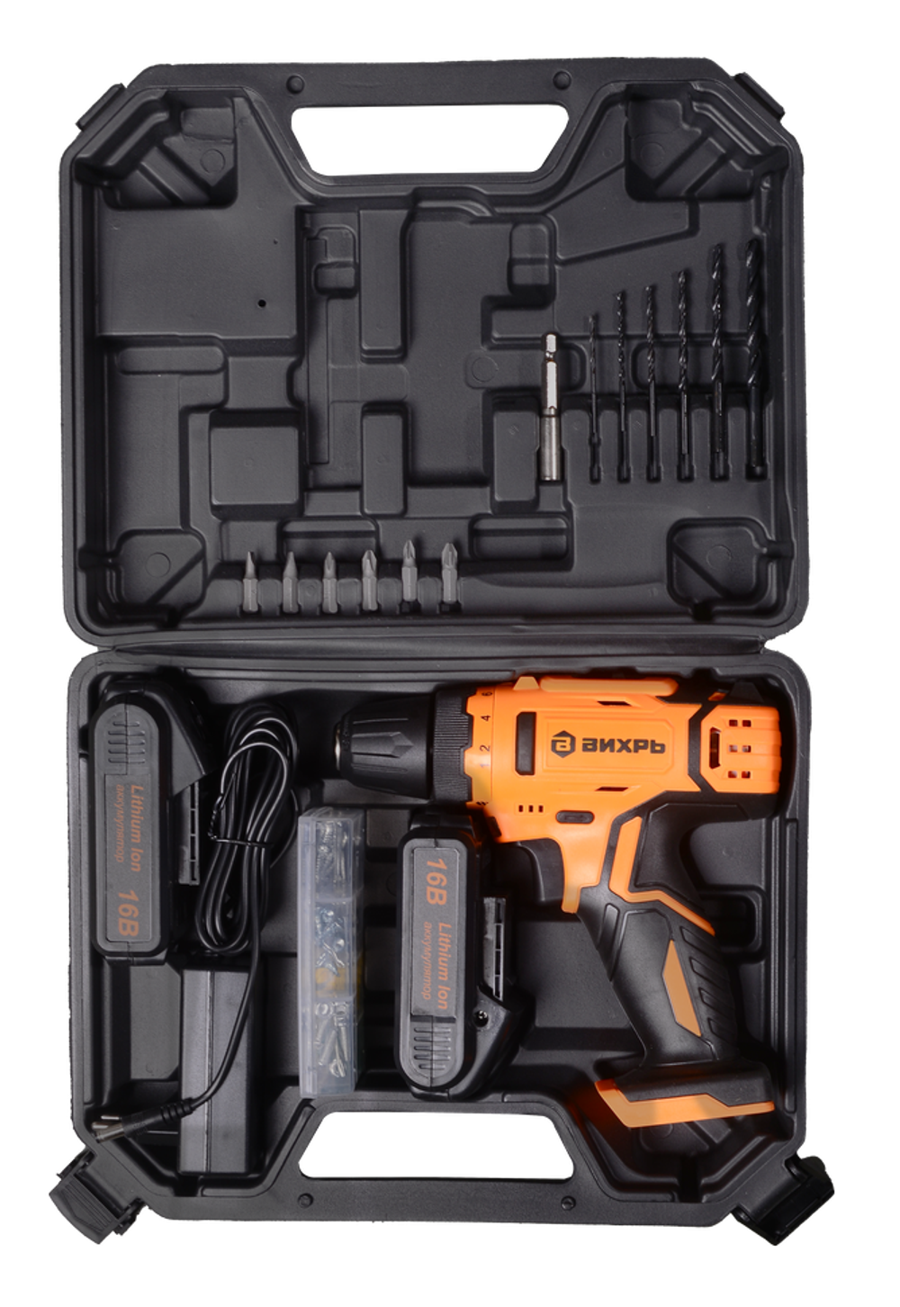 Дрель-шуруповерт Вихрь ДА-16Л-2КА с набором оснастки 65 предметов