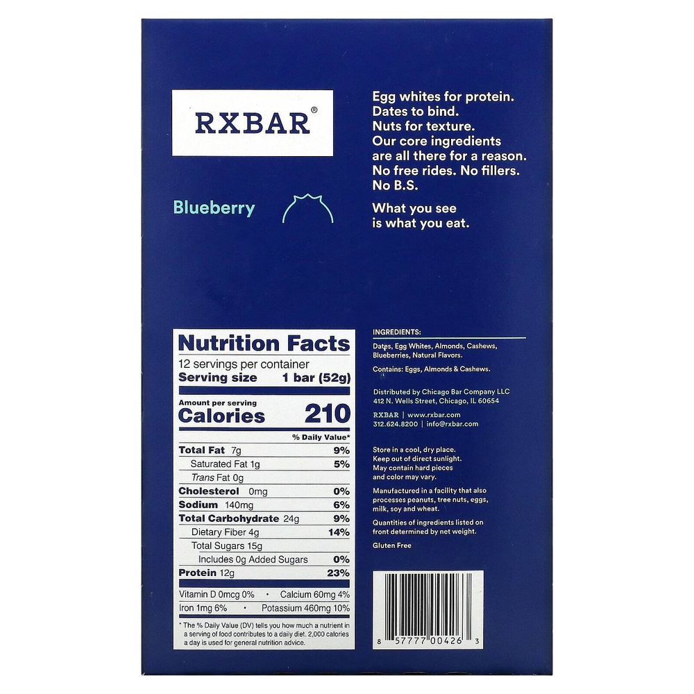 RXBAR, Протеиновый батончик, голубика, 12 батончиков, 52 г (1,8 унции)