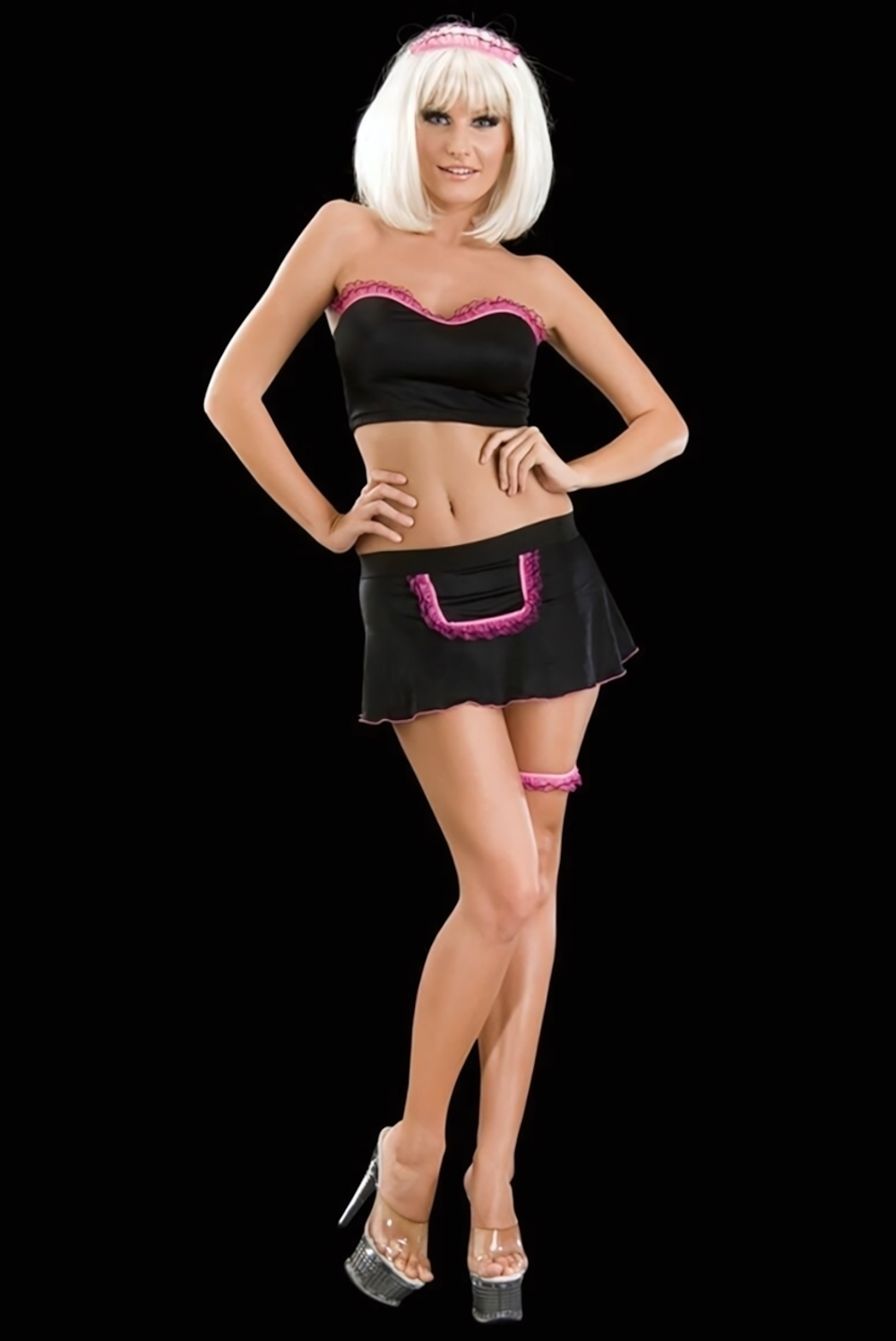 Женский костюм «Официантка» (Размер: L-XL) (Цвет: черный с розовым)