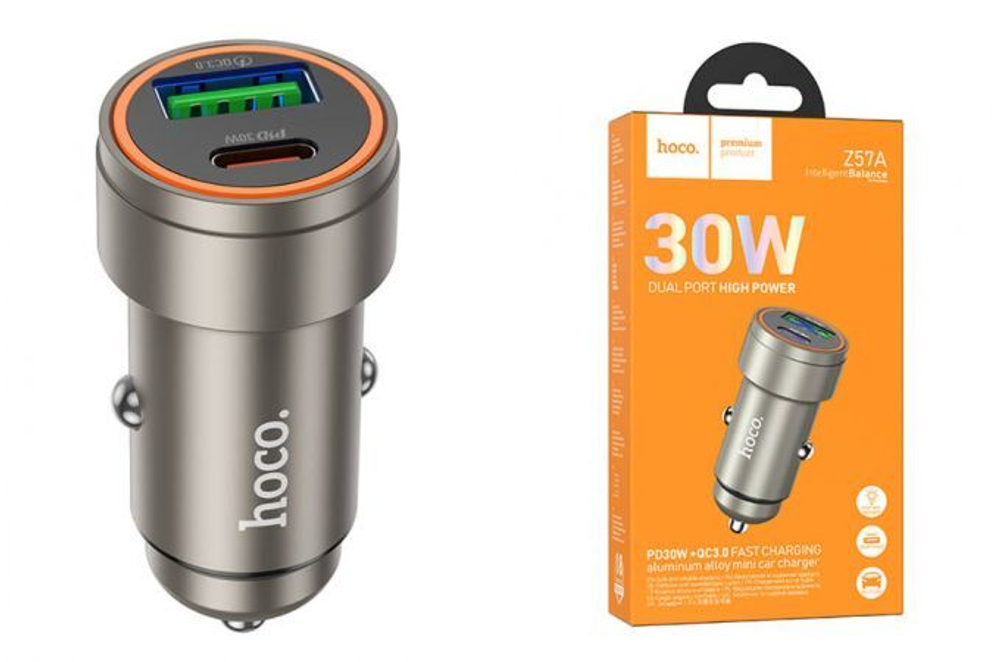 Автомобильный адаптер питания HOCO Z57A QC 3.0+PD 30W (серый-метал)