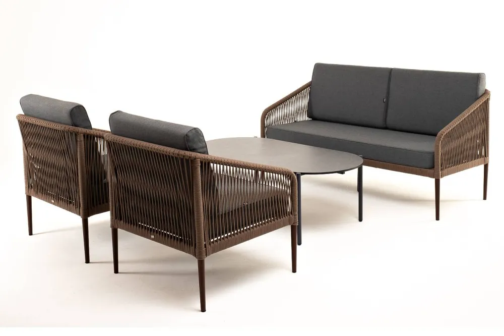 "Канны" лаунж-зона 4-местная из роупа со столом "Верона" (серый гранит), каркас алюминиевый коричневый, роуп коричневый