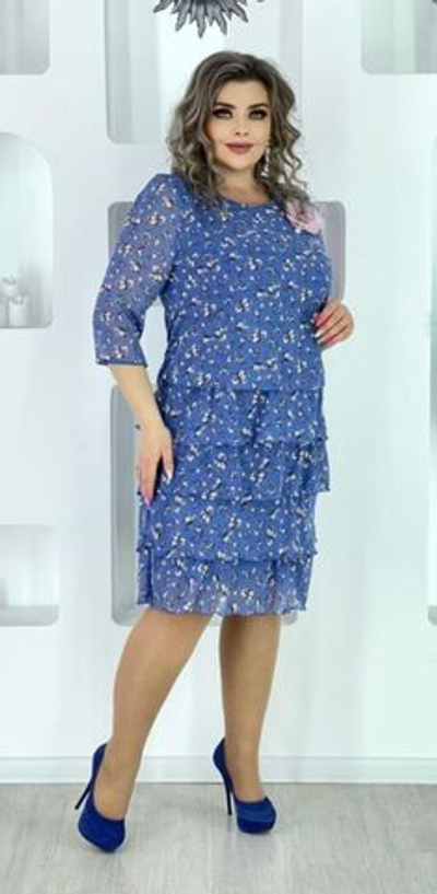 Платье женское синее голубое в цветочек с оборками оборки на работу праздничное повседневное свободное для беременных осеннее весеннее летнее офисное шифоновое лёгкое размер 48 50 L XL лёгкое тонкое до колен  3/4 три четверти рукав силуэтное