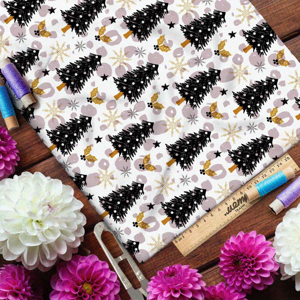 Ткань лён чёрные новогодние ёлки