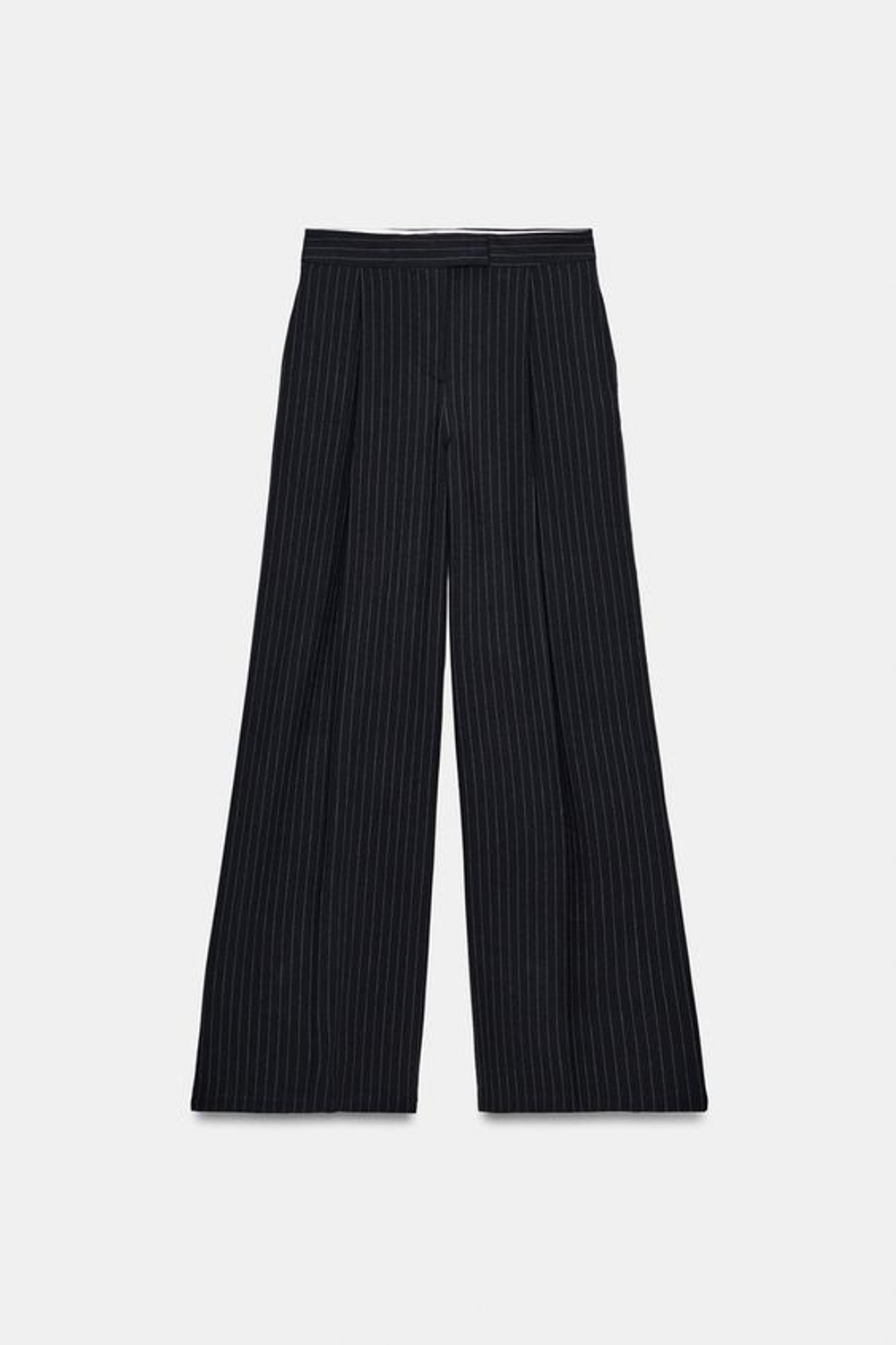 ZARA ШИРОКИЕ БРЮКИ В ТОНКУЮ ПОЛОСКУ С ЗАЩИПАМИ, МОРСКОЙ СИНИЙ