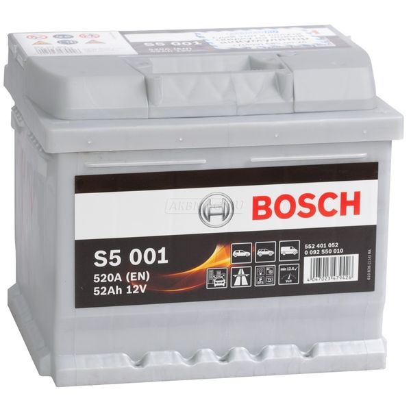 Аккумулятор автомобильный BOSCH S5 001 (52R) 520 А обр. пол. 52 Ач (0 092 S50 010)