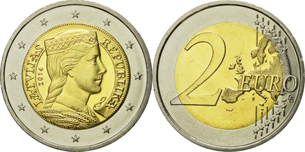 Латвия 2 евро, 2014-2024 Латышская девушка UNC