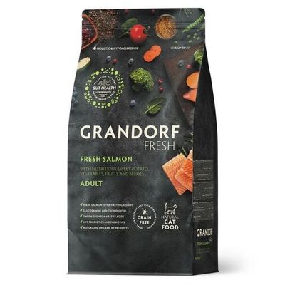 Беззерновой корм с живыми пробиотиками GRANDORF Fresh Cat ADULT Salmon&Sweet Potato для кошек с филе лосося и бататом, Пакет 400 г