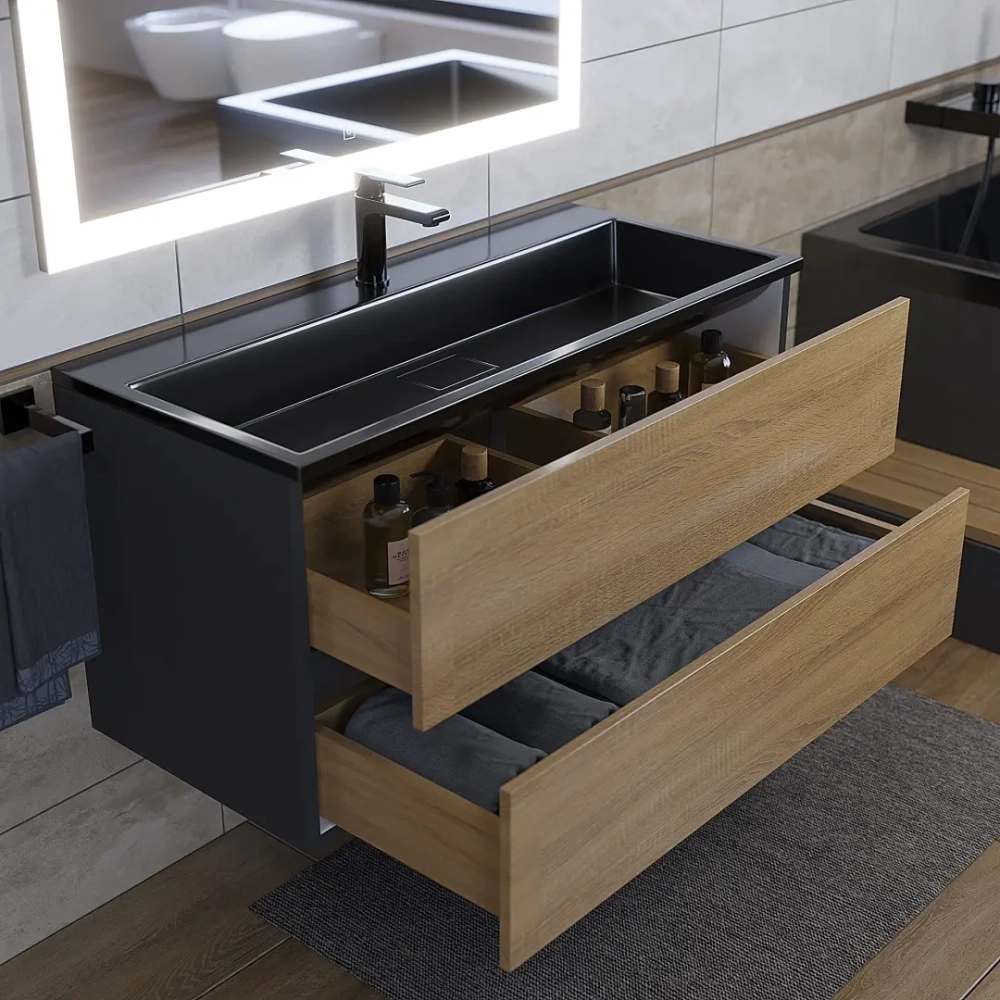 Тумба с раковиной Uperwood Barsa 100 см, раковина черная глянцевая, подвесная тумба черная/дуб сонома