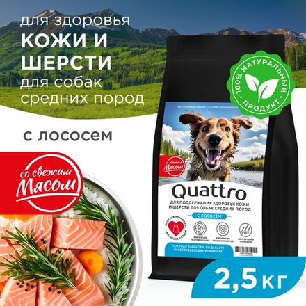 Корм сухой для взрослых собак средних пород, премиум полнорационный комплекс, здоровье кожи и шерсти, с лососем, 2,5 кг, QUATTRO