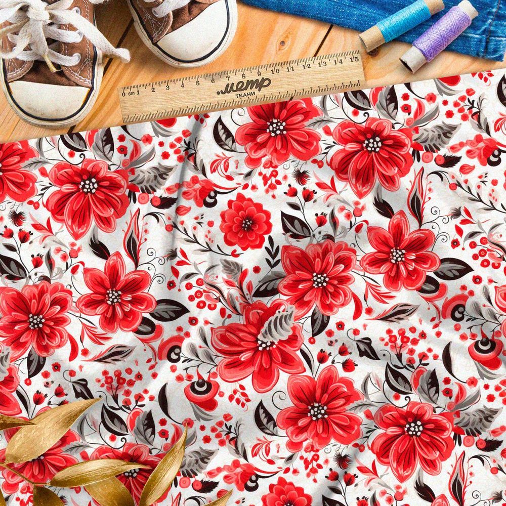 Ткань премиум таффета красная цветочная иллюстрация